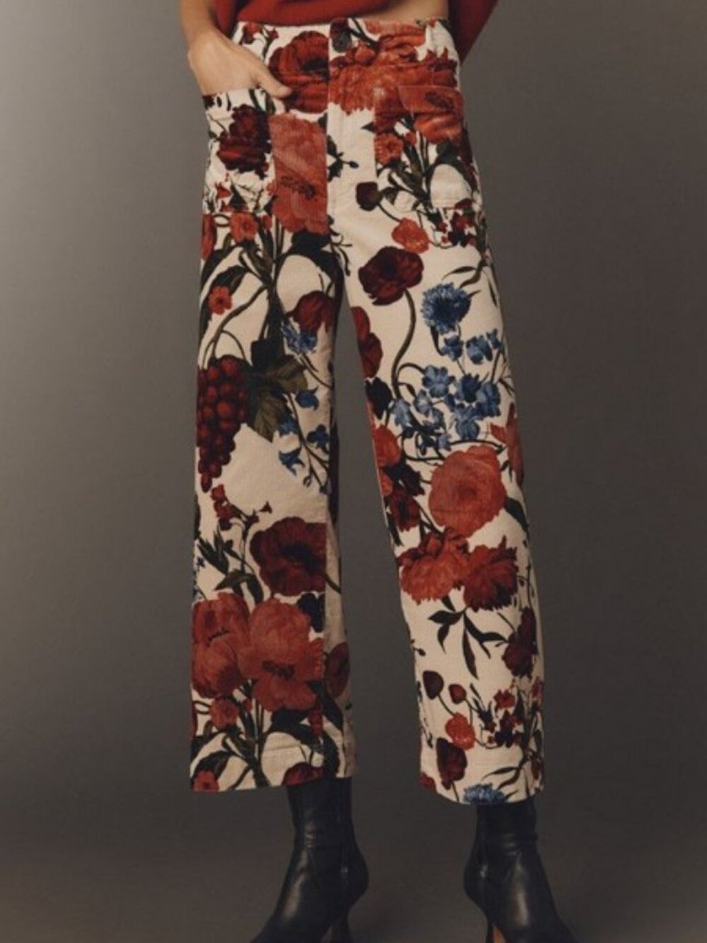 Maeve The Colette Corduroy Pants Floral Cream Red Cropped Wide Leg High Rise 28